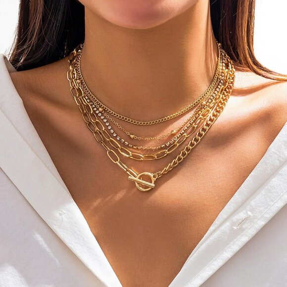 Layered Gold Necklace for Women Non Tarnish Chunky Paperclip Heart Jewelry Set - Picture 3 of 6